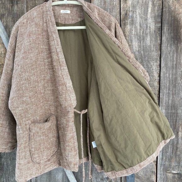 100% Solid Linen Cotton,Quilted Versatile Mild Winter/Autumn Coat, OS, Khaki - Picture 4 of 12